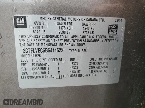 2011 GMC Terrain SLT-1 with VIN 2CTFLVEC5B6411622, listed as a Copart auction lot 56589905 with 81,009 mi miles and Salvage title. Bid and sale history available at DreamBid. Image 13.