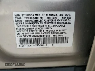 2007 Honda Pilot EX-L with VIN 5FNYF28787B041518, listed as a Copart auction lot 77245944 with Not Provided miles and Non Repairable. Bid and sale history available at DreamBid. Image 13.