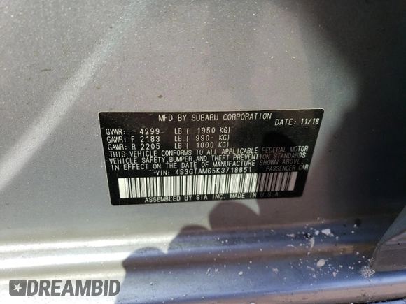 2019 Subaru Impreza Special Sports с VIN 4S3GTAM65K3718851, выставлен на аукционе Copart как лот 54580305 с пробегом 33 107 миль миль и Списание • Salvage title. История ставок и продаж доступна на DreamBid. Изображение 12.