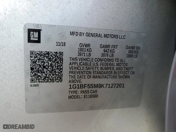 2019 Chevrolet Cruze Premier with VIN 1G1BF5SM8K7127201, listed as a Copart auction lot 87017734 with 23,155 mi miles and Salvage Title. Bid and sale history available at carsss.com. Image 15.