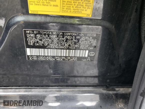 2008 Lexus GS 350 with VIN JTHCE96S880017604, listed as a Copart auction lot 49056865 with 62,364 mi miles and Salvage Title. Bid and sale history available at DreamBid. Image 12.