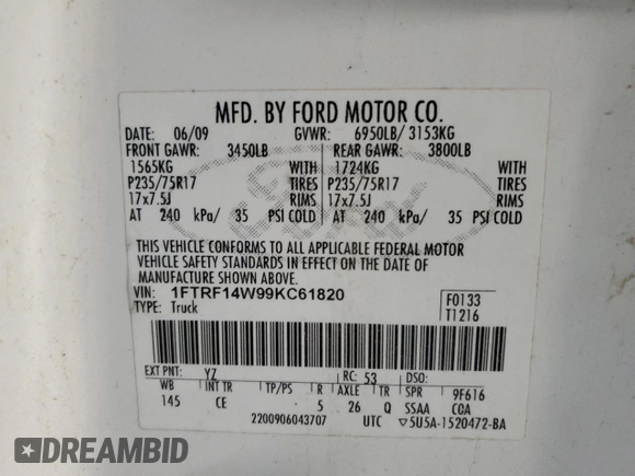 2009 Ford F-150 XL с VIN 1FTRF14W99KC61820, выставлен на аукционе Copart как лот 84568454 с пробегом 312 841 миль миль и Чистый • Clean title. История ставок и продаж доступна на DreamBid. Изображение 12.