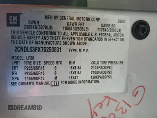 2007 Chevrolet Equinox LT with VIN 2CNDL63FX76250631, listed as a Copart auction lot 48610235 with 194,082 mi miles and Salvage Title. Bid and sale history available at carsss.com. Image 15.