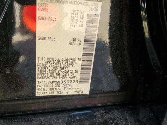 2016 Nissan Altima 2.5 S with VIN 1N4AL3APXGN359223, listed as a Copart auction lot 48398715 with 178,228 mi miles and Salvage Title. Bid and sale history available at carsss.com. Image 12.