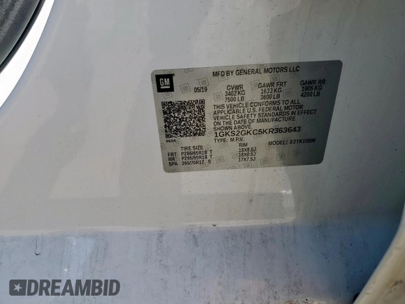 2019 GMC Yukon XL SLT with VIN 1GKS2GKC5KR363643, listed as a Copart auction lot 52749525 with 92,872 mi miles and Salvage title. Bid and sale history available at DreamBid. Image 14.