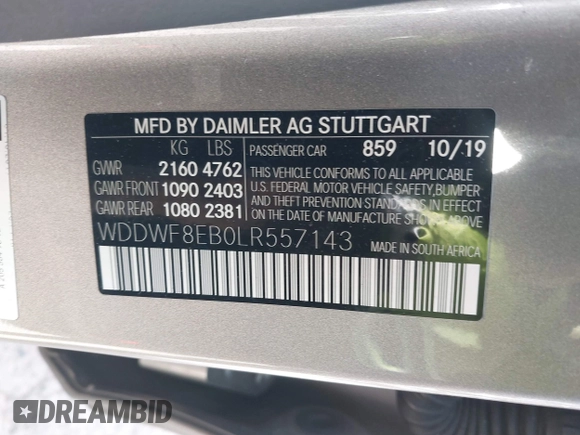 2020 Mercedes-Benz C 300 with VIN WDDWF8EB0LR557143, listed as a IAAI auction lot 41458454 with 74,388 mi miles and . Bid and sale history available at DreamBid. Image 9.