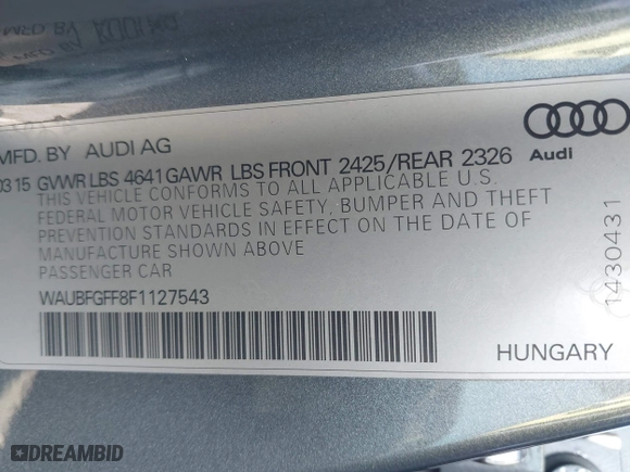 2015 Audi A3 2.0T Premium with VIN WAUBFGFF8F1127543, listed as a IAAI auction lot 40676171 with 60,354 mi miles. Bid and sale history available at carsss.com. Image 9.