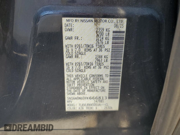 2015 Nissan Xterra S with VIN 5N1AN0NU3FN666813, listed as a Copart auction lot 46507615 with 85,504 mi miles and Salvage Title. Bid and sale history available at DreamBid. Image 13.