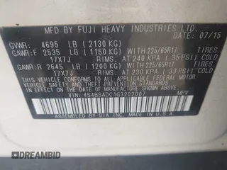 2016 Subaru Outback 2.5i Premium with VIN 4S4BSADC1G3202007, listed as a IAAI auction lot 42106507 with 63,046 mi miles. Bid and sale history available at carsss.com. Image 9.