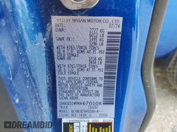 2024 Nissan Frontier SV z VIN 1N6ED1CM9RN670108, wystawiony jako Copart lot #56977805 z przebiegiem 15 430 mil mil oraz Szkoda całkowita • Salvage title. Historia ofert i sprzedaży dostępna na DreamBid. Obrazek 12.