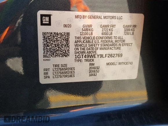 2020 GMC Sierra 3500HD Denali z VIN 1GT49WEY9LF262769, wystawiony jako Copart lot #74386594 z przebiegiem 34 178 mil mil oraz Szkoda całkowita • Salvage title. Historia ofert i sprzedaży dostępna na DreamBid. Obrazek 12.