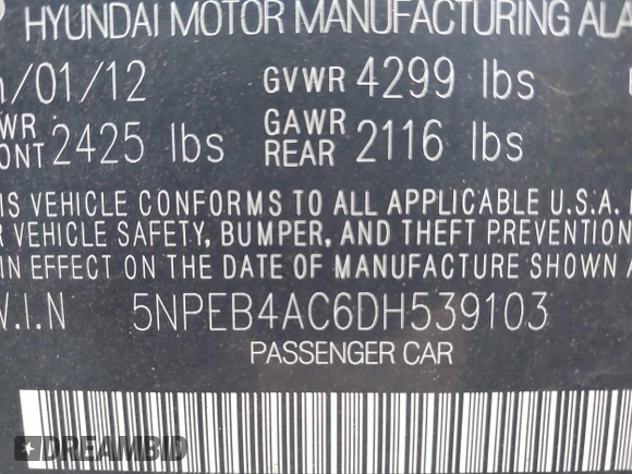 2013 Hyundai Sonata GLS with VIN 5NPEB4AC6DH539103, listed as a IAAI auction lot 42124467 with 182,907 mi miles and . Bid and sale history available at carsss.com. Image 9.