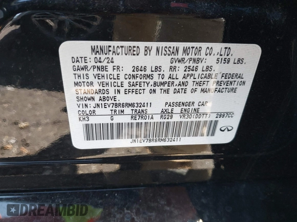 2024 Infiniti Q50 Luxe with VIN JN1EV7BR6RM632411, listed as a IAAI auction lot 41903452 with 5,623 mi miles and . Bid and sale history available at DreamBid. Image 9.