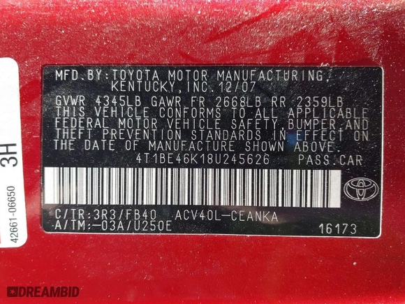 2008 Toyota Camry LE with VIN 4T1BE46K18U245626, listed as a IAAI auction lot 41747169 with 135,661 mi miles. Bid and sale history available at carsss.com. Image 9.