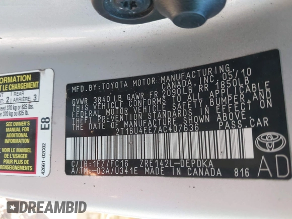 2010 Toyota Corolla with VIN 2T1BU4EE7AC407636, listed as a IAAI auction lot 41120137 with 183,446 mi miles and . Bid and sale history available at DreamBid. Image 9.