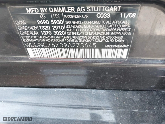 2009 Mercedes-Benz S-Class 5.5L V12 with VIN WDDNG76X09A273645, listed as a IAAI auction lot 41927453 with 1 mi miles. Bid and sale history available at carsss.com. Image 9.