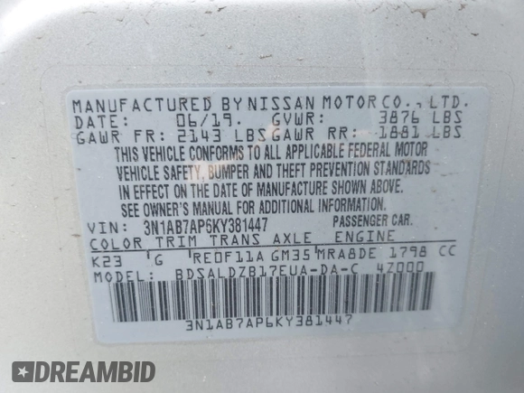 2019 Nissan Sentra SV with VIN 3N1AB7AP6KY381447, listed as a IAAI auction lot 41920765 with 22,076 mi miles and . Bid and sale history available at DreamBid. Image 9.