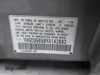 2000 Honda Accord EX z VIN 1HGCG5658YA142693, wystawiony jako IAAI lot #41618554 z przebiegiem 302 381 mil mil oraz . Historia ofert i sprzedaży dostępna na DreamBid. Obrazek 9.