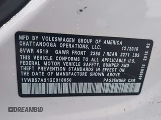 2016 Volkswagen Passat SE z VIN 1VWBS7A31GC018050, wystawiony jako IAAI lot #42226752 z przebiegiem 123 610 mil mil oraz . Historia ofert i sprzedaży dostępna na DreamBid. Obrazek 9.