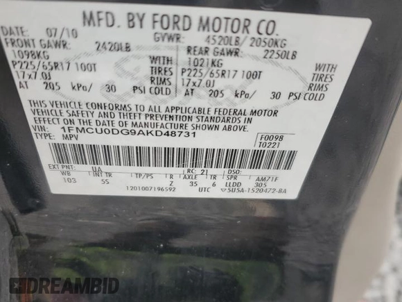 2010 Ford Escape XLT with VIN 1FMCU0DG9AKD48731, listed as a Copart auction lot 46532285 with 260,547 mi miles and Salvage Title. Bid and sale history available at carsss.com. Image 13.