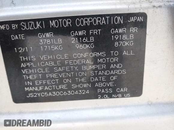2012 Suzuki SX4 LE with VIN JS2YC5A30C6304324, listed as a IAAI auction lot 41585174 with 111,471 mi miles. Bid and sale history available at carsss.com. Image 9.