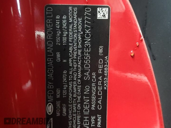 2022 Jaguar F-Type with VIN SAJD55FE3NCK77770, listed as a Copart auction lot 84887134 with Not Provided miles and Salvage Title. Bid and sale history available at DreamBid. Image 13.