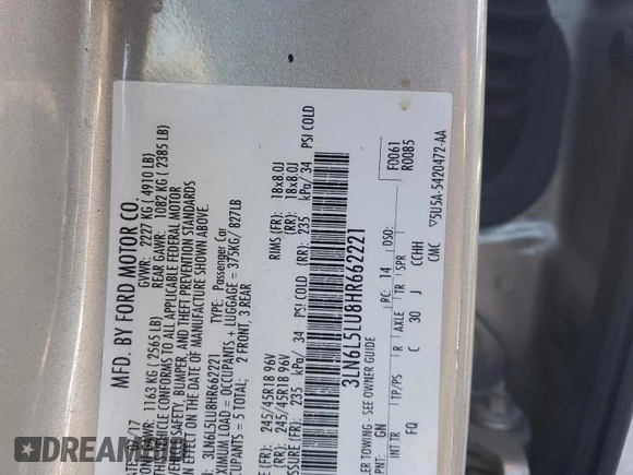 2017 Lincoln MKZ Hybrid Select with VIN 3LN6L5LU8HR662221, listed as a Copart auction lot 83073734 with 121,001 mi miles and Salvage Title. Bid and sale history available at DreamBid. Image 12.