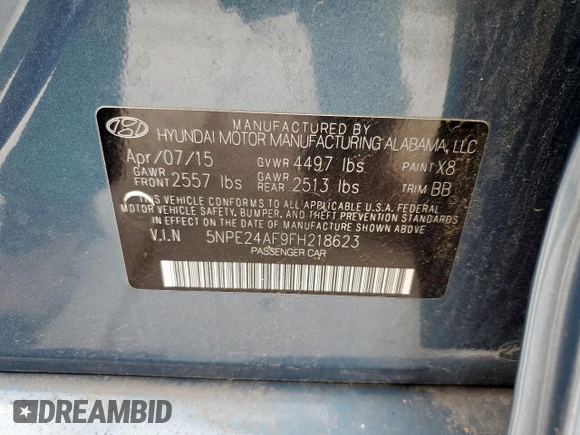 2015 Hyundai Sonata SE z VIN 5NPE24AF9FH218623, wystawiony jako Copart lot #54790085 z przebiegiem 73 208 mil mil oraz Szkoda całkowita • Salvage title. Historia ofert i sprzedaży dostępna na DreamBid. Obrazek 12.