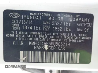 2015 Hyundai Accent GLS with VIN KMHCT4AE5FU805219, listed as a IAAI auction lot 41887922 with 86,909 mi miles. Bid and sale history available at carsss.com. Image 9.