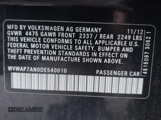 2013 Volkswagen CC Sport with VIN WVWAP7AN0DE540010, listed as a IAAI auction lot 41837983 with 277,144 mi miles. Bid and sale history available at carsss.com. Image 9.