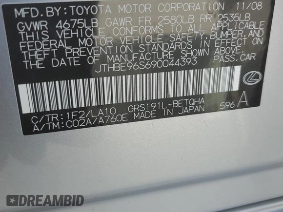 2009 Lexus GS 350 z VIN JTHBE96S690044393, wystawiony jako Copart lot #50384645 z przebiegiem 49 262 mil mil oraz Szkoda całkowita • Salvage title. Historia ofert i sprzedaży dostępna na DreamBid. Obrazek 15.