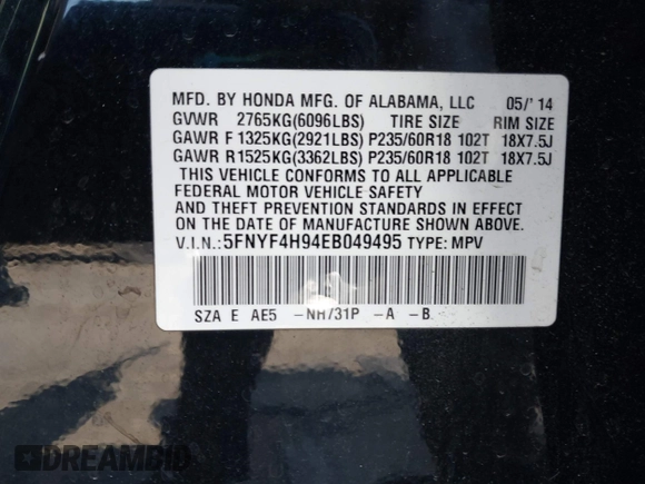 2014 Honda Pilot Touring with VIN 5FNYF4H94EB049495, listed as a IAAI auction lot 41937134 with 149,445 mi miles and . Bid and sale history available at carsss.com. Image 9.
