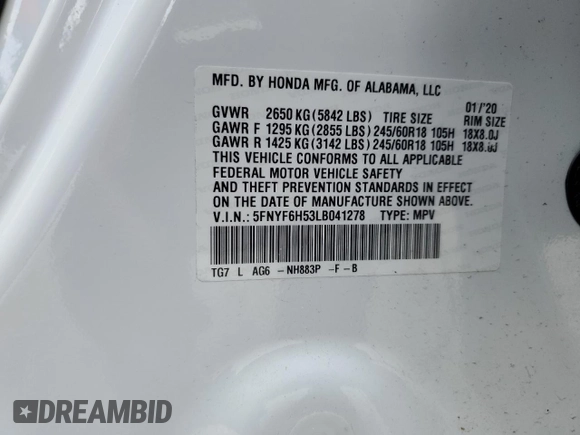 2020 Honda Pilot EX-L with VIN 5FNYF6H53LB041278, listed as a Copart auction lot 56803155 with 48,268 mi miles and Salvage title. Bid and sale history available at DreamBid. Image 13.