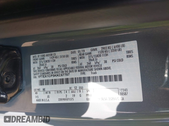 2019 Ford F-150 XL с VIN 1FTEX1CP5KKC67707, выставлен на аукционе IAAI как лот 42146747 с пробегом 72 754 миль миль и . История ставок и продаж доступна на DreamBid. Изображение 9.