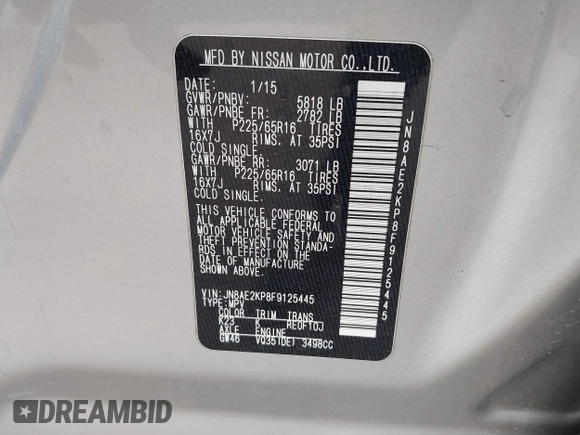 2015 Nissan Quest SV with VIN JN8AE2KP8F9125445, listed as a IAAI auction lot 42040196 with 125,218 mi miles. Bid and sale history available at carsss.com. Image 9.