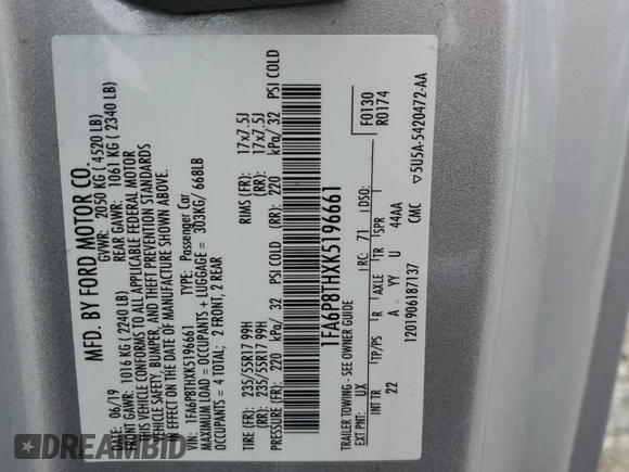 2019 Ford Mustang EcoBoost with VIN 1FA6P8THXK5196661, listed as a Copart auction lot 57685145 with 54,385 mi miles and Salvage title. Bid and sale history available at DreamBid. Image 12.