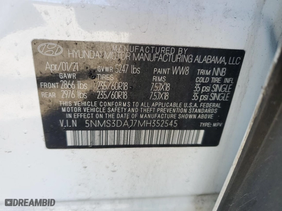 2021 Hyundai Santa Fe SEL with VIN 5NMS3DAJ7MH352545, listed as a Copart auction lot 45741865 with 82,156 mi miles and Salvage Title. Bid and sale history available at carsss.com. Image 13.