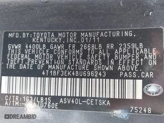 2011 Toyota Camry LE with VIN 4T1BF3EK4BU696243, listed as a IAAI auction lot 41847002 with 1 mi miles. Bid and sale history available at carsss.com. Image 9.