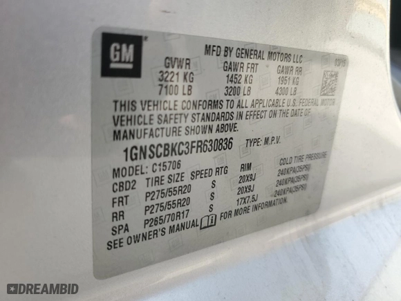 2015 Chevrolet Tahoe LT with VIN 1GNSCBKC3FR630836, listed as a Copart auction lot 48067655 with 140,369 mi miles and Salvage Title. Bid and sale history available at carsss.com. Image 14.