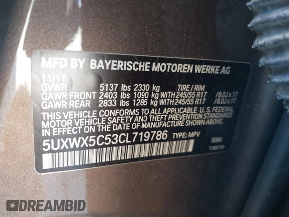 2012 BMW X3 28i with VIN 5UXWX5C53CL719786, listed as a IAAI auction lot 41857244 with 94,911 mi miles and . Bid and sale history available at DreamBid. Image 8.