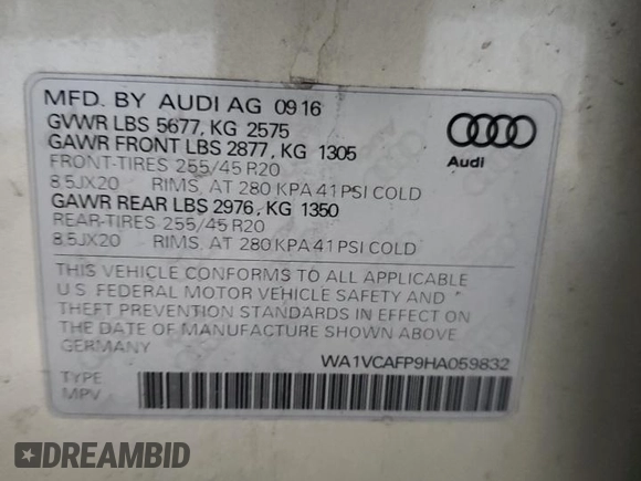 2017 Audi SQ5 Prestige with VIN WA1VCAFP9HA059832, listed as a Copart auction lot 41493775 with 162,554 mi miles and Salvage title. Bid and sale history available at DreamBid. Image 15.