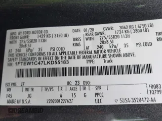 2020 Ford F-150 XL with VIN 1FTEW1C47LKD55183, listed as a IAAI auction lot 41689782 with 67,715 mi miles. Bid and sale history available at carsss.com. Image 9.