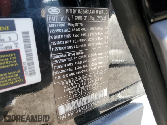 2015 Land Rover Range Rover Supercharged with VIN SALGS2TF7FA198012, listed as a Copart auction lot 86161024 with 71,203 mi miles and Salvage title. Bid and sale history available at DreamBid. Image 15.