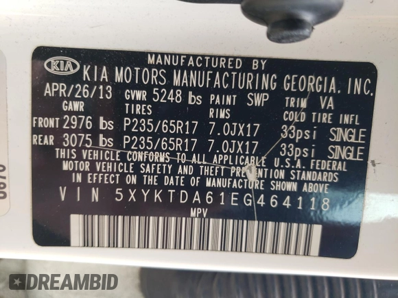 2014 Kia Sorento LX with VIN 5XYKTDA61EG464118, listed as a Copart auction lot 54347215 with 161,369 mi miles and Salvage Title. Bid and sale history available at carsss.com. Image 13.