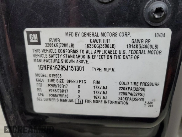 2005 Chevrolet Suburban LT with VIN 1GNFK16Z95J151301, listed as a Copart auction lot 83642854 with 190,221 mi miles and Salvage title. Bid and sale history available at DreamBid. Image 13.