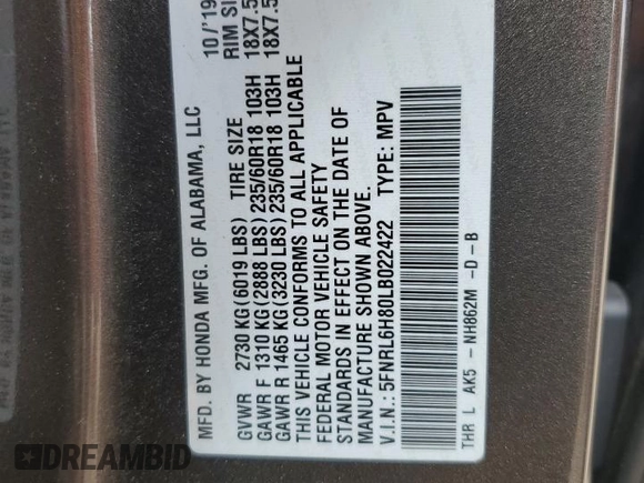 2020 Honda Odyssey Touring with VIN 5FNRL6H80LB022422, listed as a Copart auction lot 72515944 with Not Provided miles and Salvage Title. Bid and sale history available at DreamBid. Image 13.