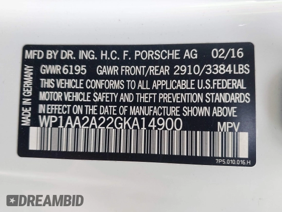 2016 Porsche Cayenne with VIN WP1AA2A22GKA14900, listed as a IAAI auction lot 42588576 with 87,269 mi miles and . Bid and sale history available at DreamBid. Image 9.