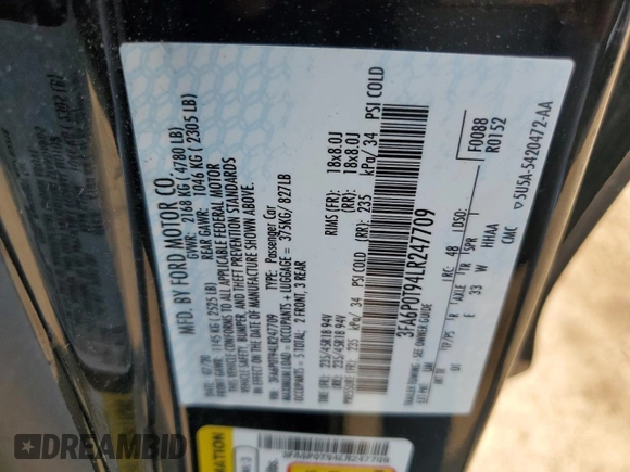 2020 Ford Fusion SE with VIN 3FA6P0T94LR247709, listed as a Copart auction lot 59263695 with 45,392 mi miles and Salvage title. Bid and sale history available at DreamBid. Image 12.