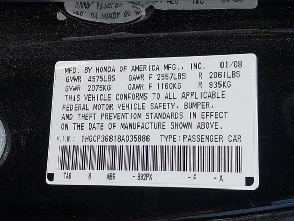 2008 Honda Accord EX-L z VIN 1HGCP36818A035886, wystawiony jako IAAI lot #42063672 z przebiegiem 172 953 mil mil oraz . Historia ofert i sprzedaży dostępna na DreamBid. Obrazek 9.