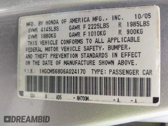 2006 Honda Accord EX-L с VIN 1HGCM56806A024170, выставлен на аукционе IAAI как лот 42482626 с пробегом 157 717 миль миль и . История ставок и продаж доступна на DreamBid. Изображение 9.
